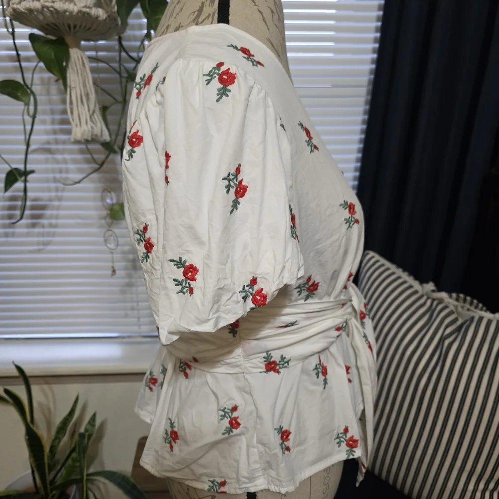 Anthropologie Maeve Embroidered White Floral Wrap Blouse with Red Rose